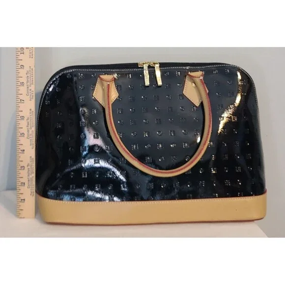 Arcadia Italian Bugatti Black Patent Leather Satchel Dome Handbag Tan & Red Trim - Picture 10 of 12